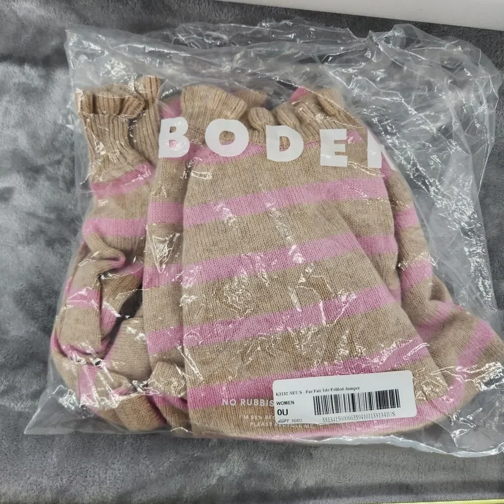 BNWT Boden Women's Small Camel Pink Stripe Fae Fair Isle Frilled Sweater - Picture 3 of 7